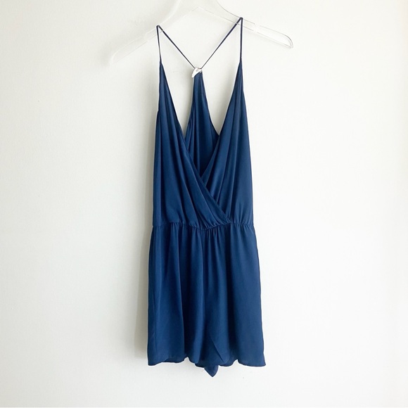 Rory Beca Pants - Rory Beca Small Silk Romper Sleeveless Blue Wrap Deep V Neck Racerback Shorts
